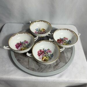 Vintage Epiag Royal Czechoslovakia Double Handle Soup Bowls Set of 4 Floral